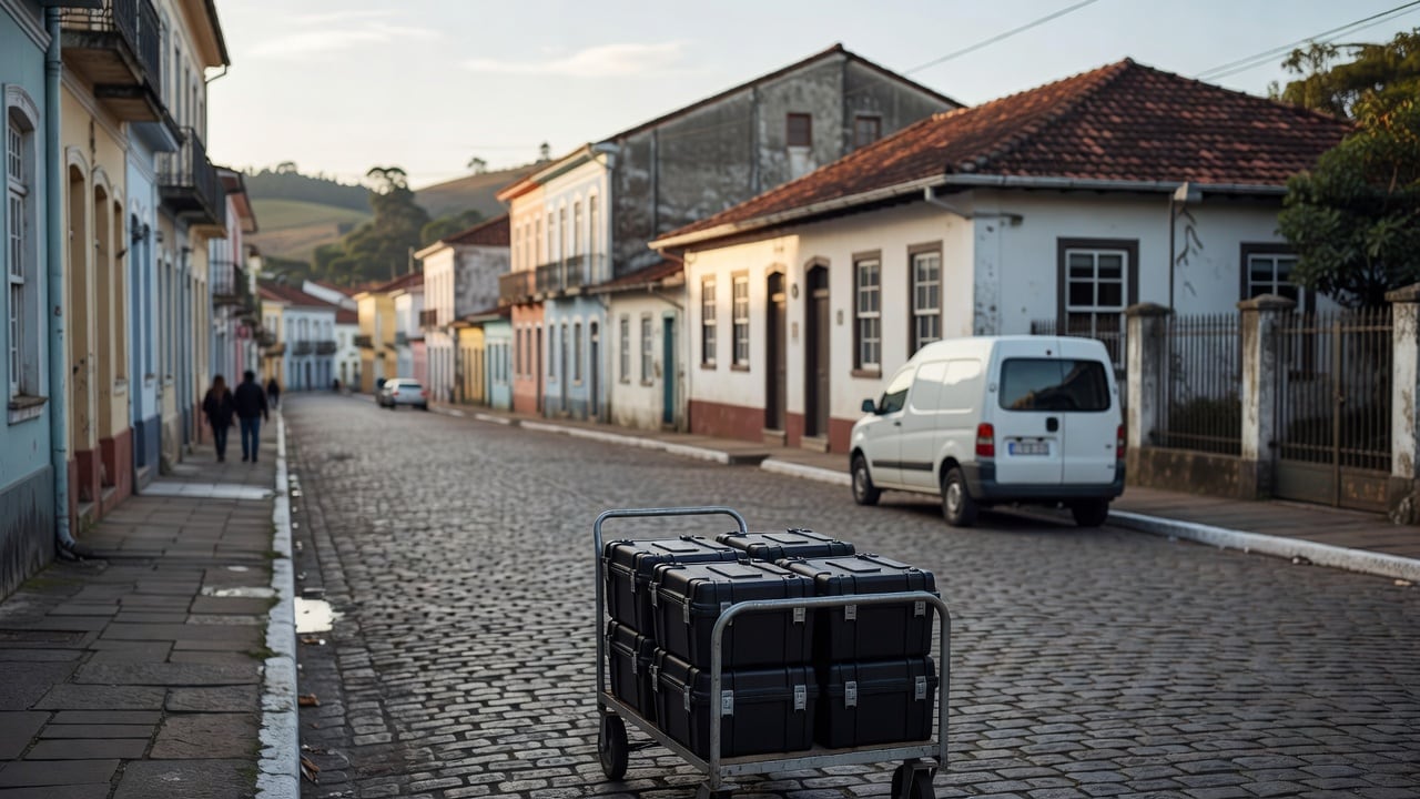 Ilustração do Bairrista sobre: Wide street view of a historic downtown road in a southern Brazilian hillside city at early morning, with a government-style white van parke