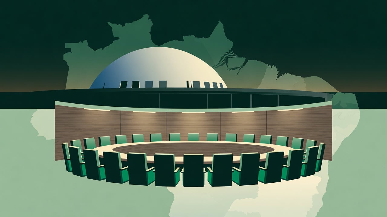 Ilustração do Bairrista sobre: Symbolic, non-literal editorial illustration (no reenactment of the event, no people): A symbolic view of a large domed legislative building