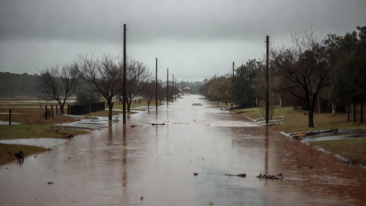 Ilustração do Bairrista sobre: Rainy suburban street after a heavy storm, murky brown floodwater covering the road and lawns, a few bare trees and utility poles standing i
