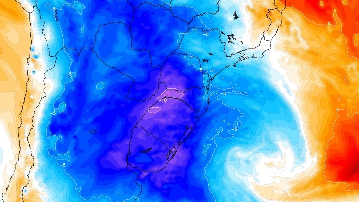 Imagem de divulgação da MetSul Meteorologia sobre a massa de ar frio e a previsão de temperaturas baixas no Rio Grande do Sul