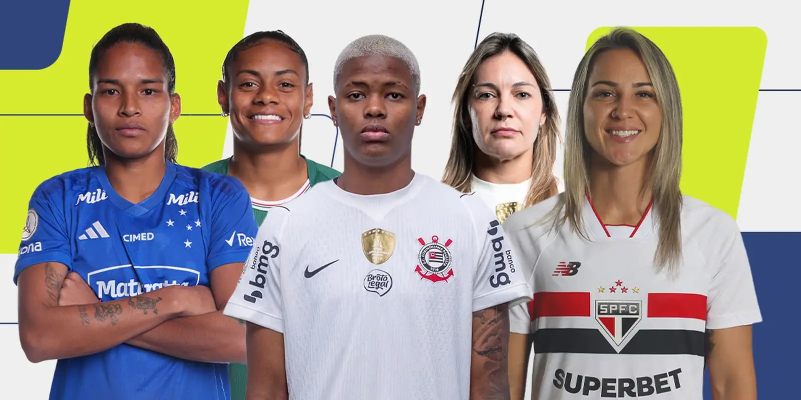 Finalistas das atacantes do Prêmio TV Brasil Petrobras Para Elas, entre elas jogadoras do Cruzeiro, do Corinthians e do São Paulo.