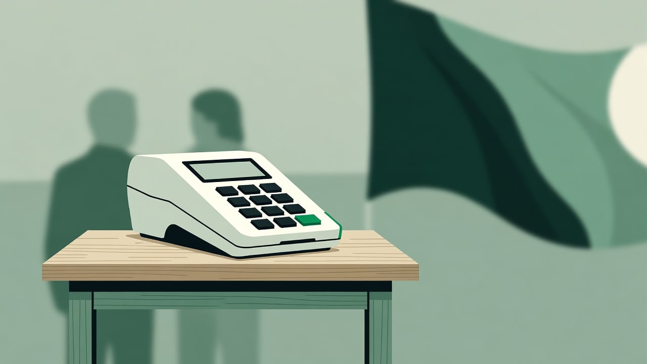 Ilustração do Bairrista sobre: Symbolic, non-literal editorial illustration (no reenactment of the event, no people): A white electronic voting terminal with a black numer