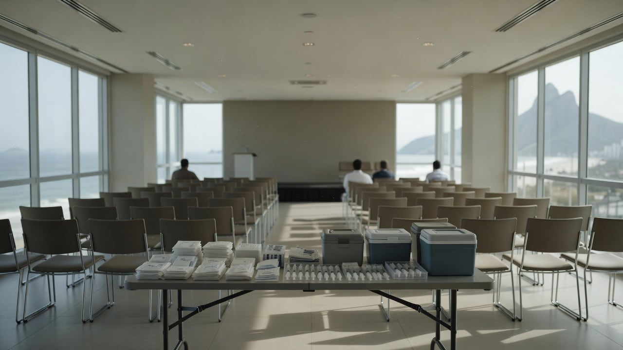 Ilustração do Bairrista sobre: Interior of a bright, modern conference room at a seaside hotel in Rio de Janeiro, rows of chairs facing a wide stage, soft daylight through