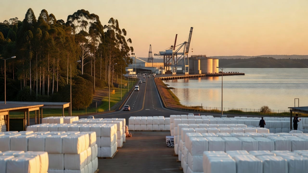 Ilustração do Bairrista sobre: A pulp-industry port terminal beside a calm coastal lagoon at golden hour, with stacked white bales in a warehouse, tall eucalyptus forest i