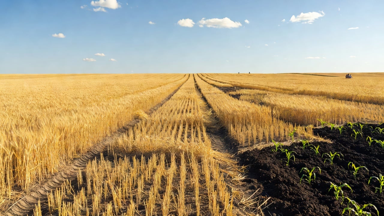 Ilustração do Bairrista sobre: Vast golden wheat field under a bright blue sky with scattered white clouds, partially harvested with cut stubble in the foreground and tire