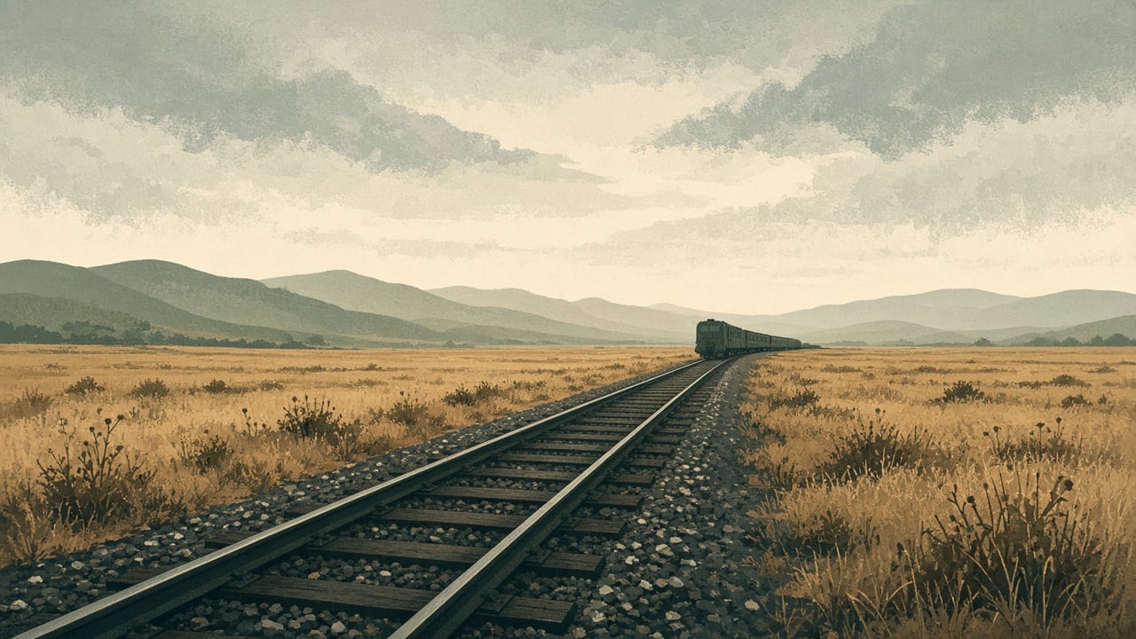 Ilustração do Bairrista sobre: Symbolic, non-literal editorial illustration (no reenactment of the event, no people): An empty railway track stretching across a dry, golde