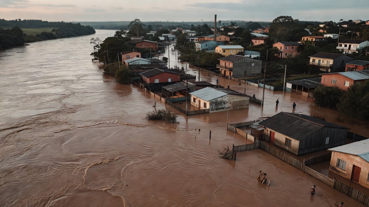 Imagem: Bairrista/IA. Ilustração sobre: Aerial wide view of a river town on the Brazilian-Argentine border at dusk, the swollen brown river lapping over streets near the riverbank,