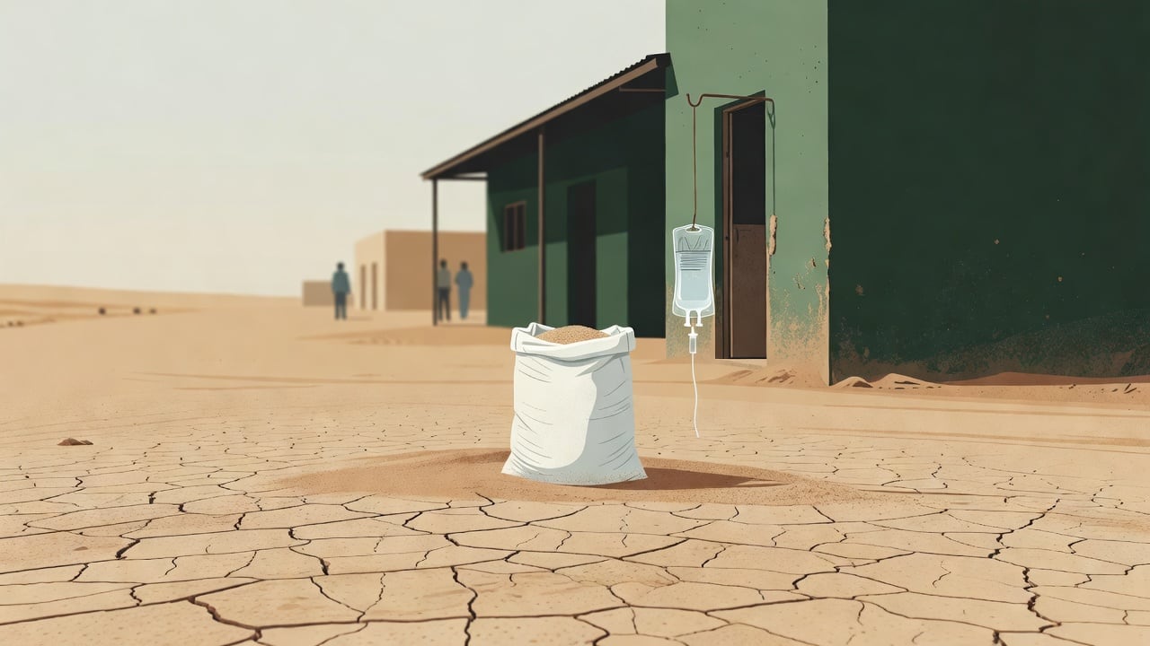 Ilustração: Bairrista/IA sobre a crise humanitária no Iêmen, com deslocados e ajuda interrompida pela guerra