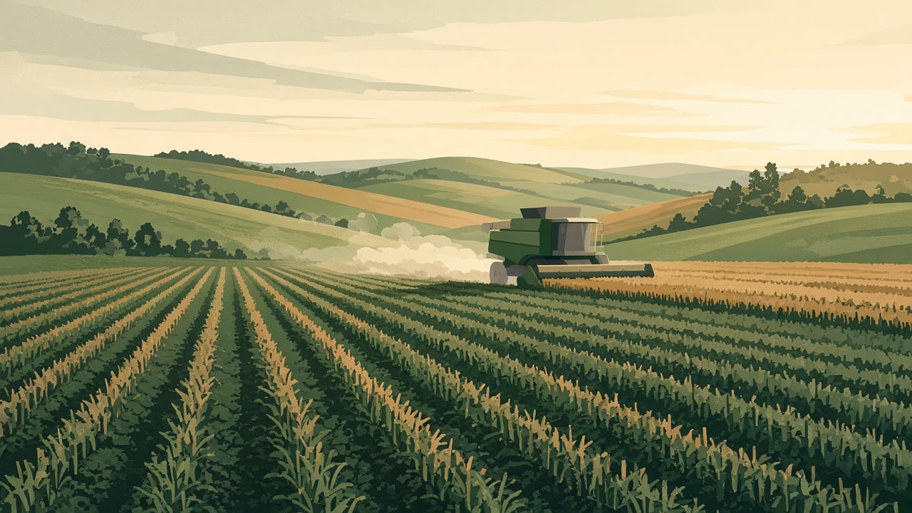 Ilustração do Bairrista sobre: wide view of a soybean field at golden hour in southern Brazil, a combine harvester working in the middle distance raising a light dust clou