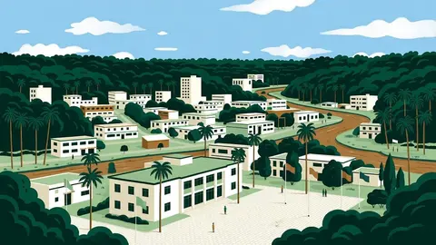 Ilustração: cidade de casas baixas e alguns prédios mais altos, cercada por mata verde, com um rio de água barrenta