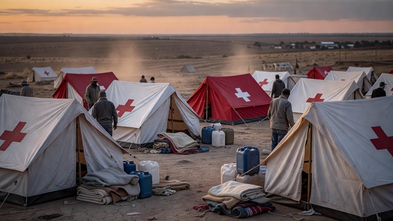 Ilustração do Bairrista sobre: Wide view of a temporary relief camp at a dry, dusty border town at dusk, white and red Red Cross tents being set up, water jerrycans and bl