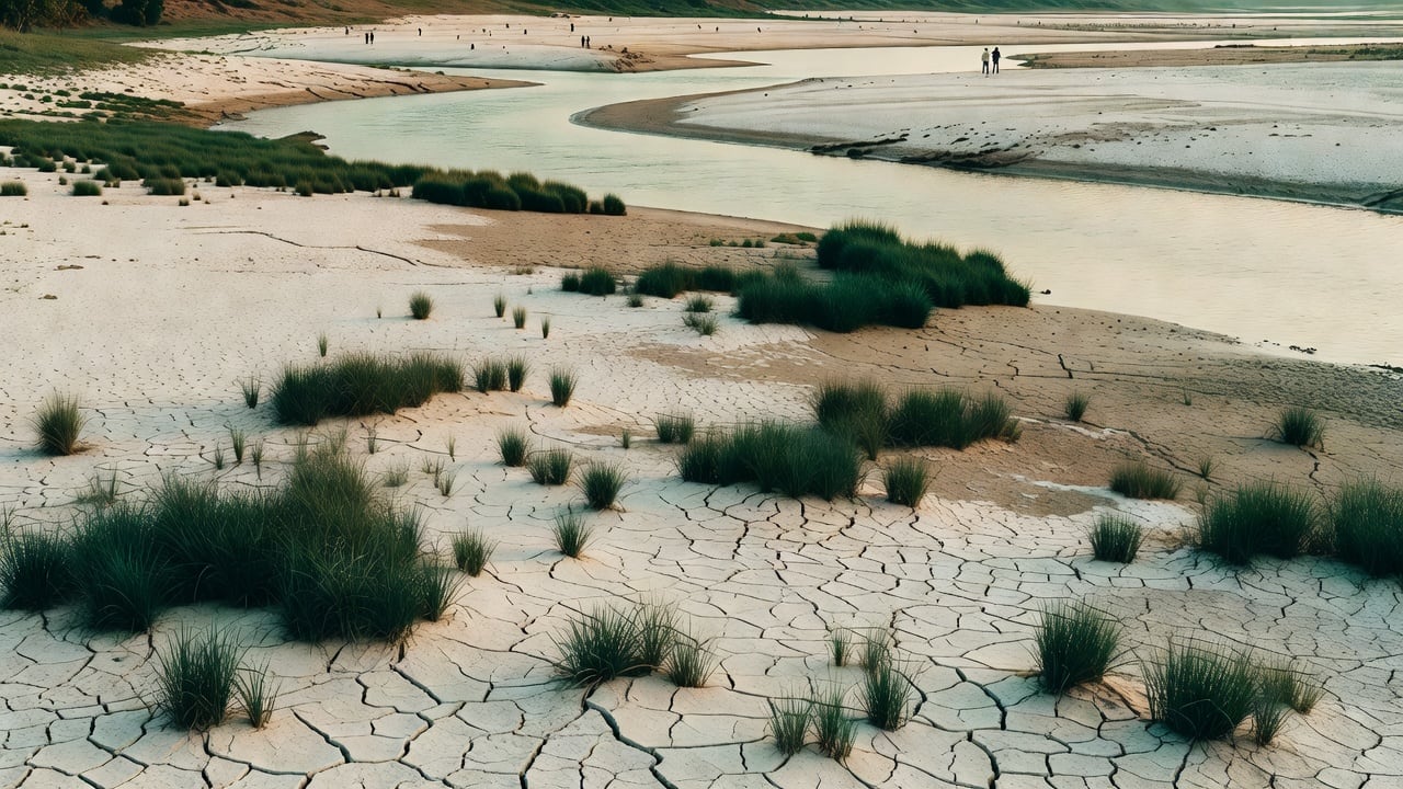 Ilustração do Bairrista sobre: Wide view of a Brazilian river in southern Brazil during a dry spell, with exposed sandy banks and cracked mud along the edges, pale late-af