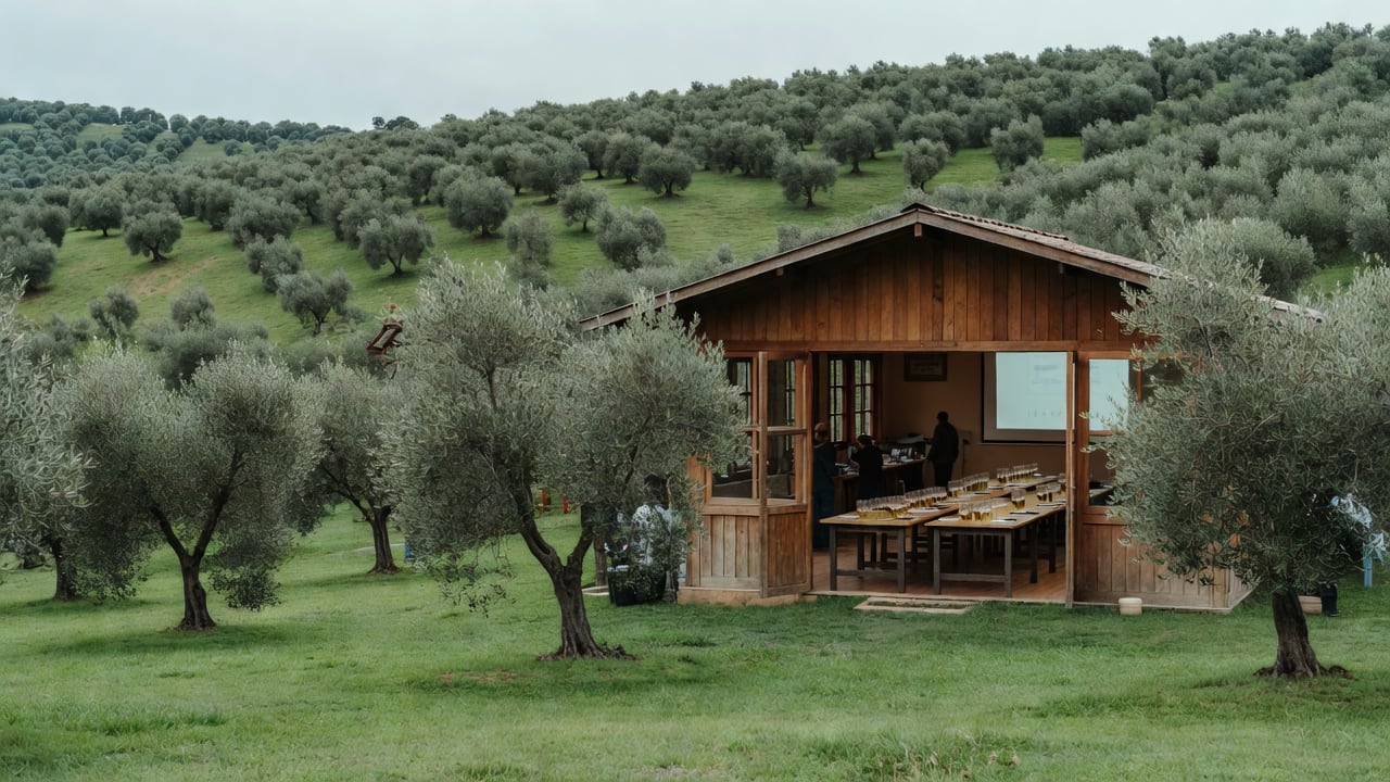 Ilustração do Bairrista sobre: Rolling green hills covered with rows of olive orchards under a soft overcast sky, with fresh grass and a few olive trees in the foreground,