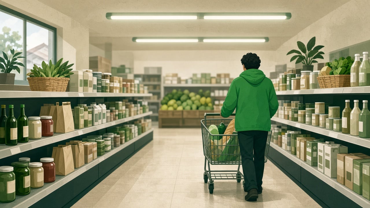 Ilustração: interior de um mercado de bairro, cliente empurra carrinho por corredor abastecido com produtos do dia a dia sob