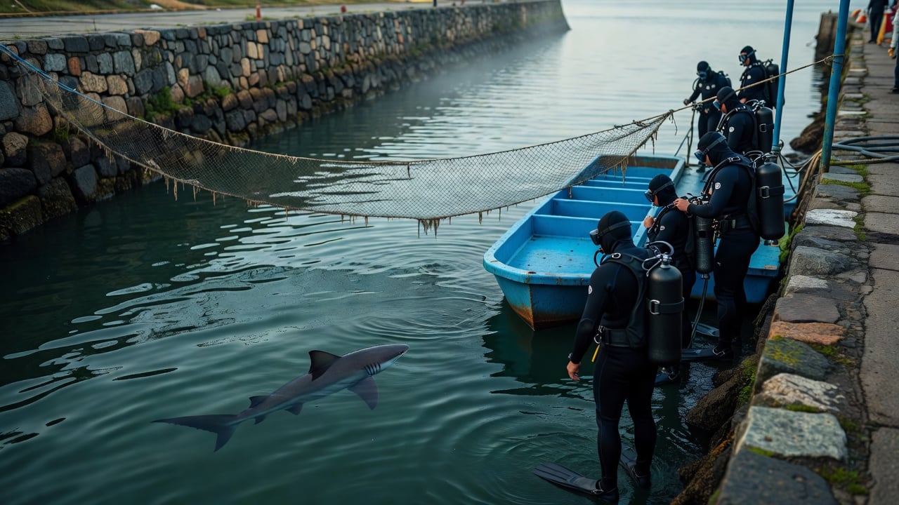 Ilustração do Bairrista sobre: A calm, greenish harbor canal beside a stone seawall, with a shark gliding just below the surface near a bright blue floating dock, where re