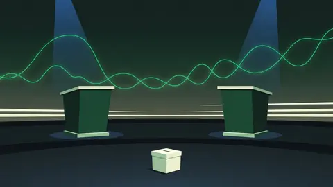Ilustração: palco vazio de debate televisivo ao entardecer, com duas cadeiras sem ocupantes posicionadas frente a frente.