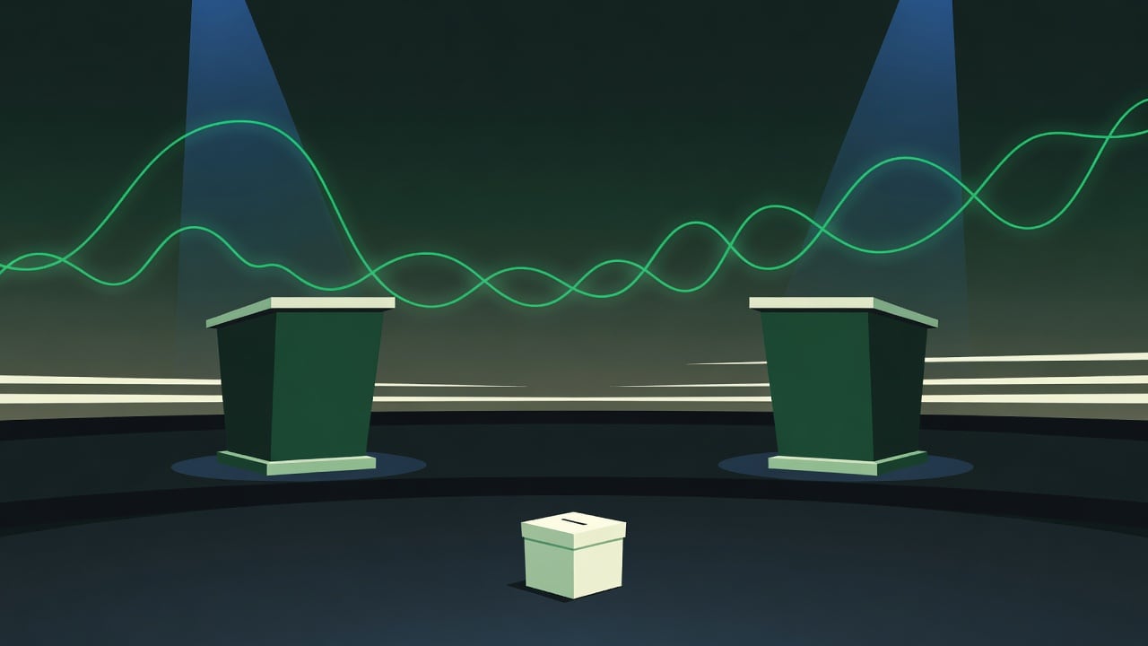 Ilustração do Bairrista sobre: Symbolic, non-literal editorial illustration (no reenactment of the event, no people): An empty television debate stage at dusk, with two un