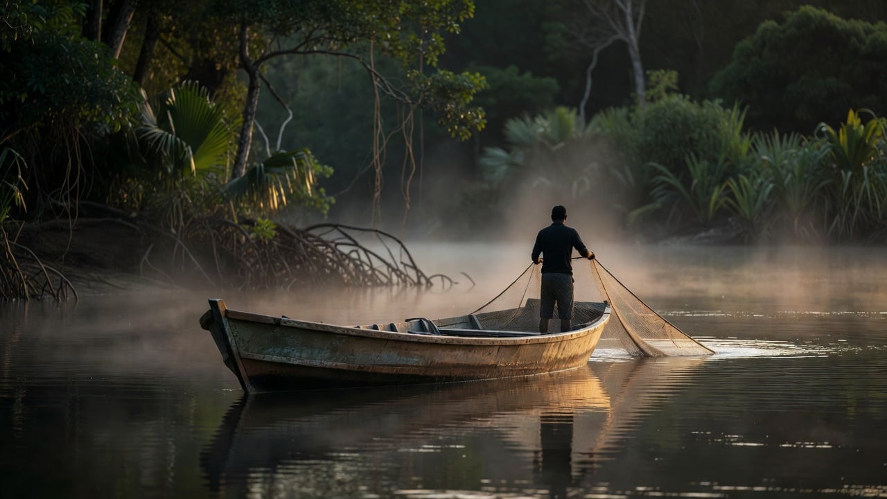 Ilustração do Bairrista sobre: Small wooden fishing boat on a calm Amazon river at dawn, a fisherman's silhouette working a net at the stern, mist over dark water and rive