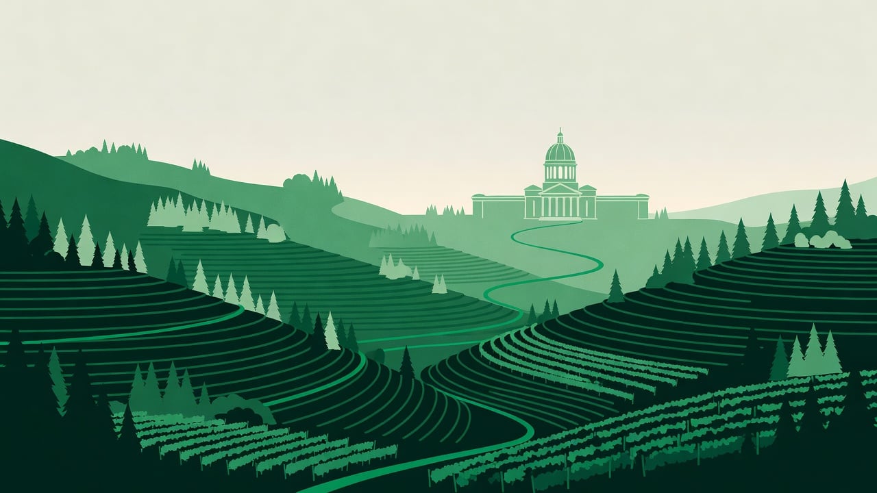 Ilustração do Bairrista sobre: Symbolic, non-literal editorial illustration (no reenactment of the event, no people): Rolling hills of a mountain region covered with terra