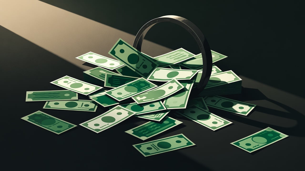 Ilustração do Bairrista sobre: Symbolic, non-literal editorial illustration (no reenactment of the event, no people): A tangle of loose paper banknotes in mixed denominati