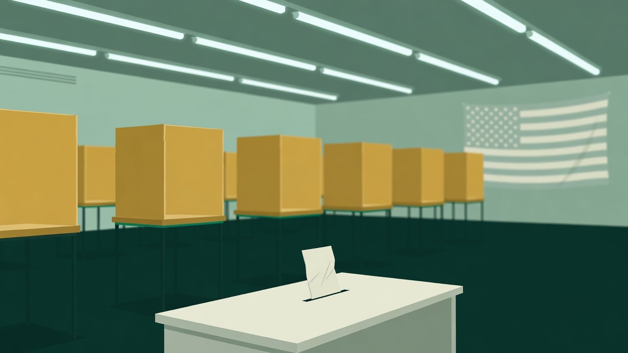 Ilustração do Bairrista sobre: Symbolic, non-literal editorial illustration (no reenactment of the event, no people): Symbolic view of an empty row of yellow privacy votin