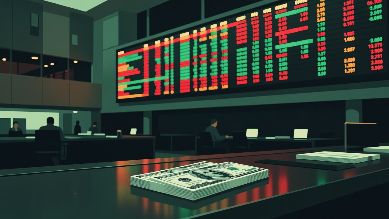 Ilustração do Bairrista sobre: Symbolic, non-literal editorial illustration (no reenactment of the event, no people): A trading floor scene at dusk-lit financial hall: a l