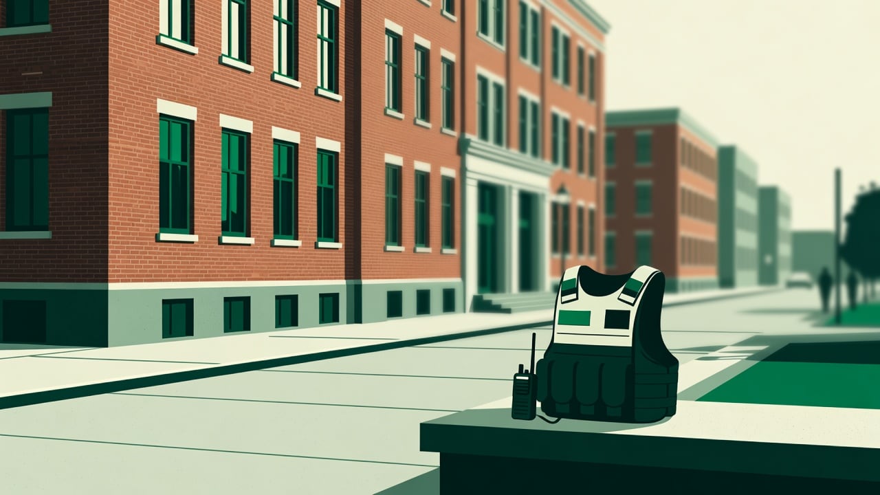 Ilustração do Bairrista sobre: Symbolic, non-literal editorial illustration (no reenactment of the event, no people): Sunlit red-brick institutional building facade with t