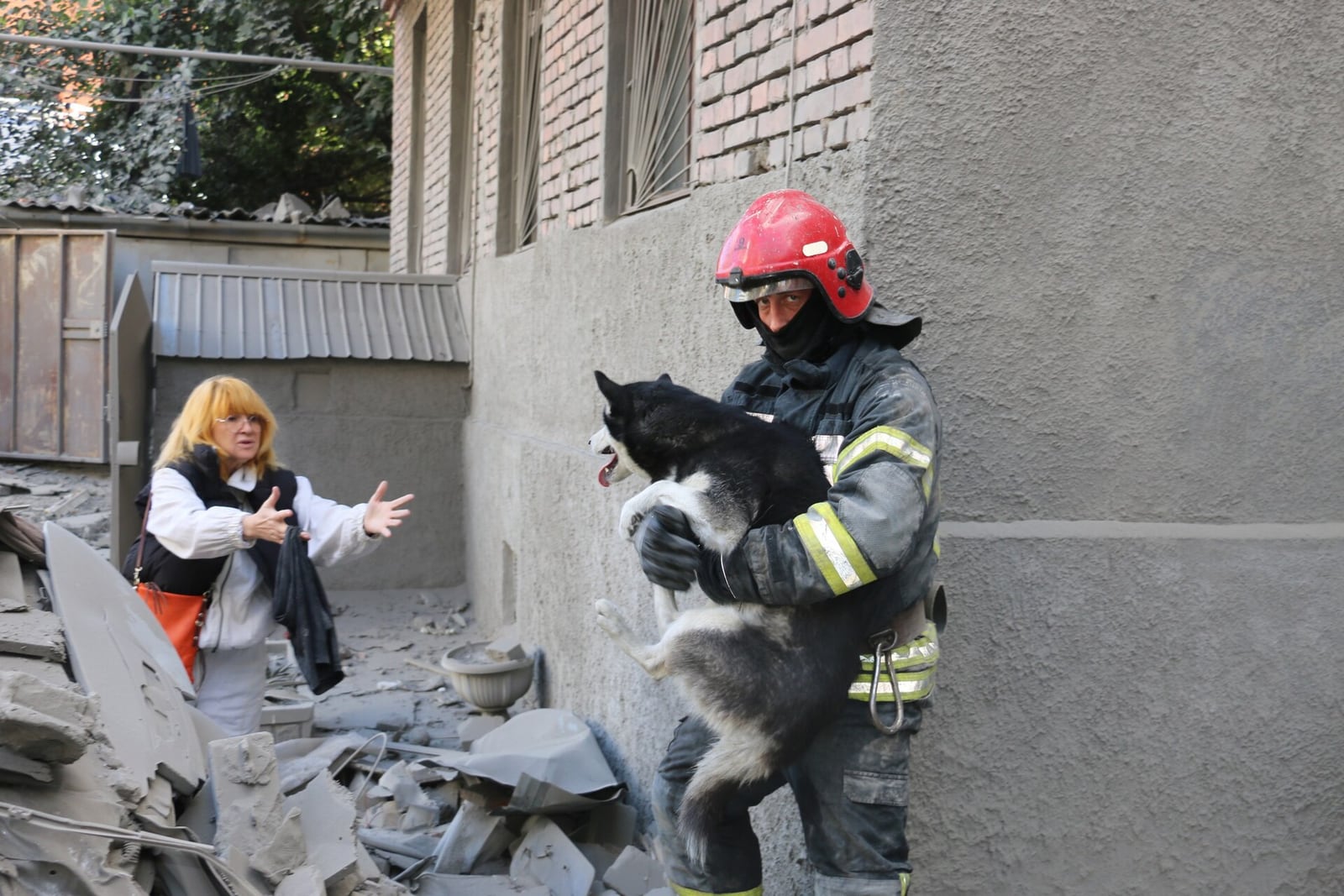 Socorrista carrega um cachorro entre escombros de um prédio atingido por bombardeio russo em Kharkiv.