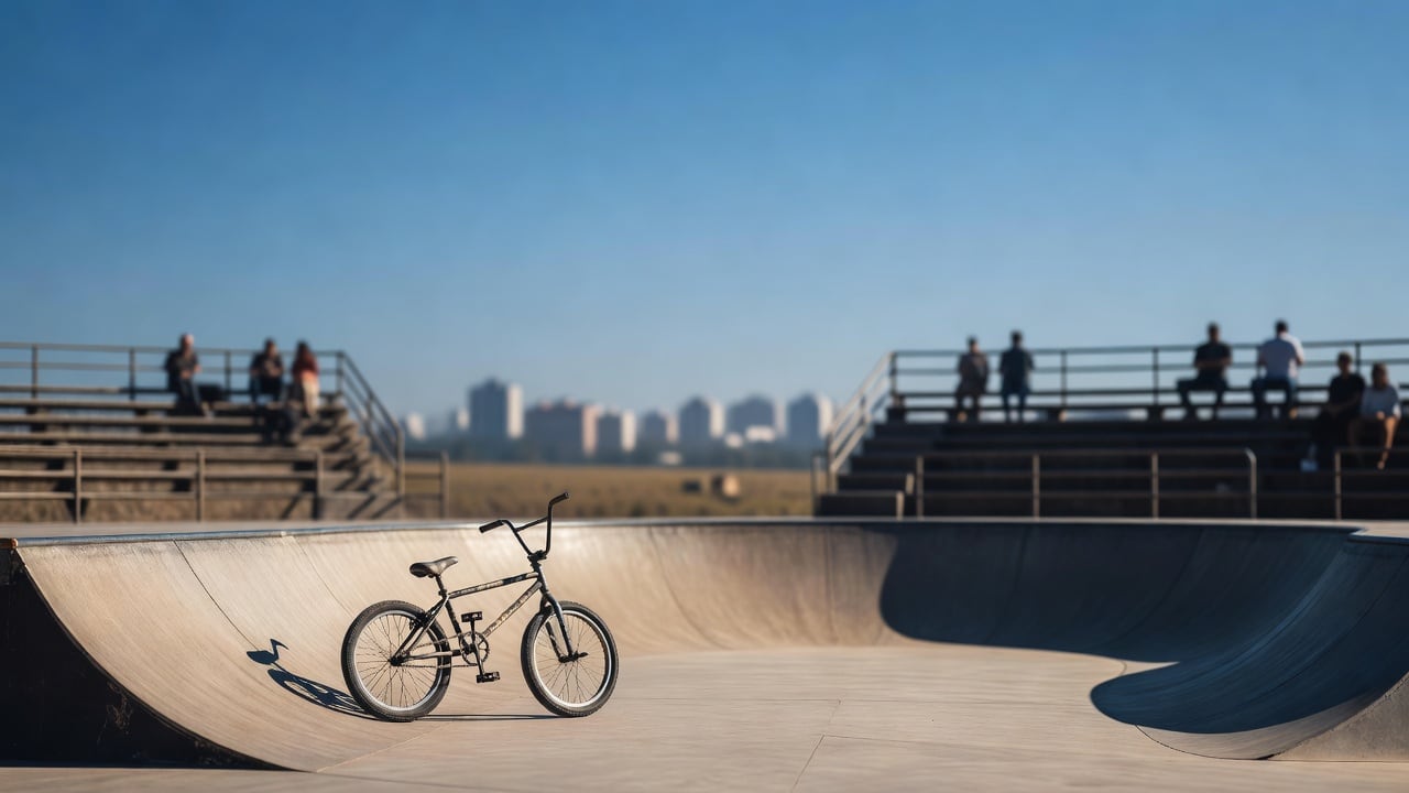 Imagem: Bairrista/IA. Ilustração sobre: A single BMX bike leaning against an empty curved ramp under a clear blue sky, with a soft blurred silhouette of spectator stands in the bac