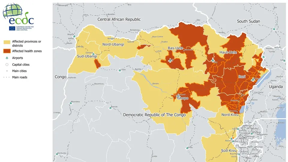Mapa com as províncias e zonas de saúde afetadas pelo surto de Ebola na República Democrática do Congo. Fonte: ECDC.