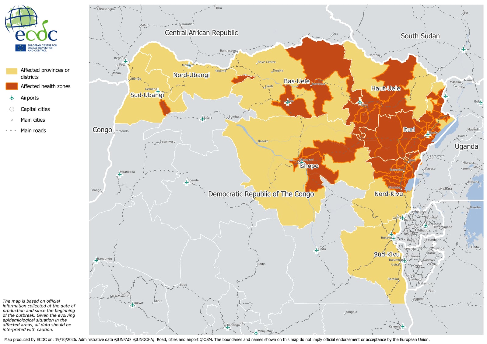 Mapa com as províncias e zonas de saúde afetadas pelo surto de Ebola na República Democrática do Congo. Fonte: ECDC.
