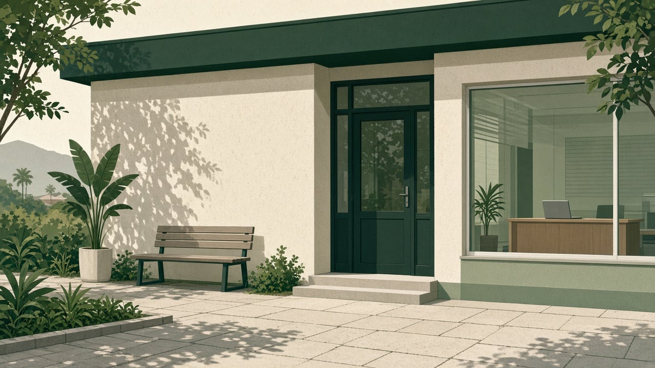 Ilustração do Bairrista sobre: Exterior of a modest single-story public community building in Brazil with a glass entrance door and a small waiting bench, a laptop on a re