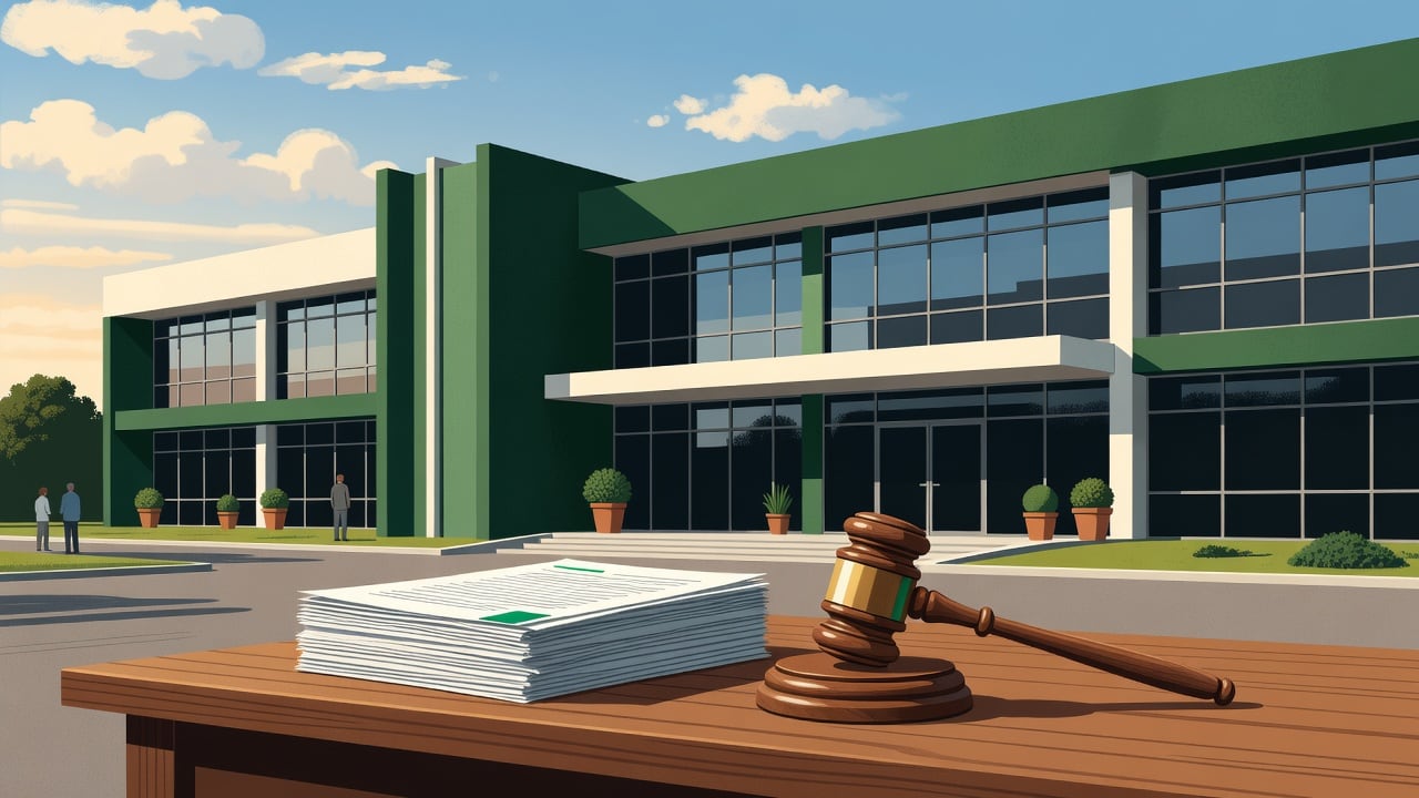Ilustração do Bairrista sobre: Symbolic, non-literal editorial illustration (no reenactment of the event, no people): A modern government legislative building under a part