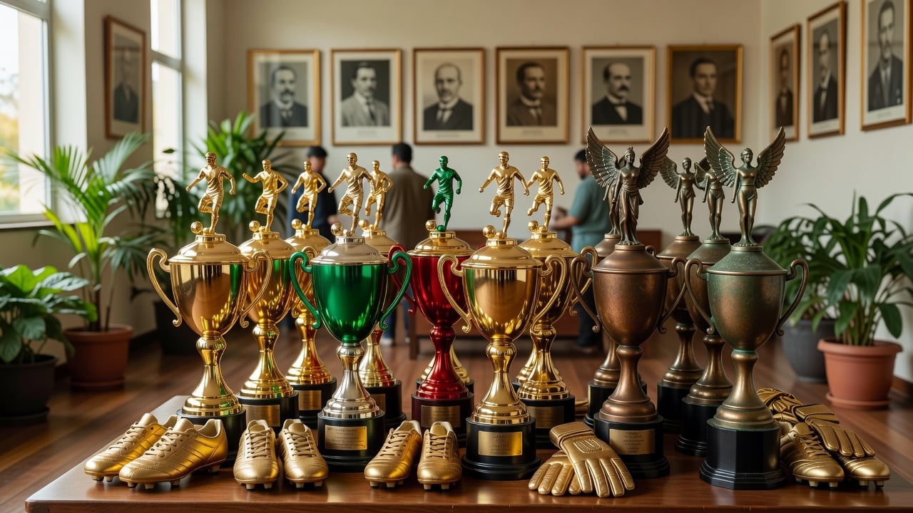 Ilustração do Bairrista sobre: Gleaming gold, green and red trophy cups topped with miniature soccer player figures, alongside bronze cups crowned with winged statuettes,
