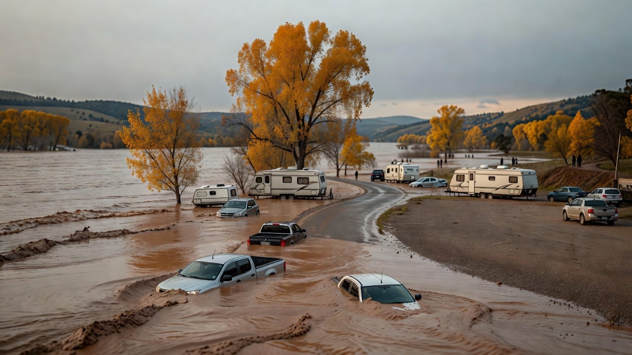 Ilustração do Bairrista sobre: Muddy floodwater spreads across a river valley, swallowing a low road and parking area, with half-submerged pickup trucks, white travel trai