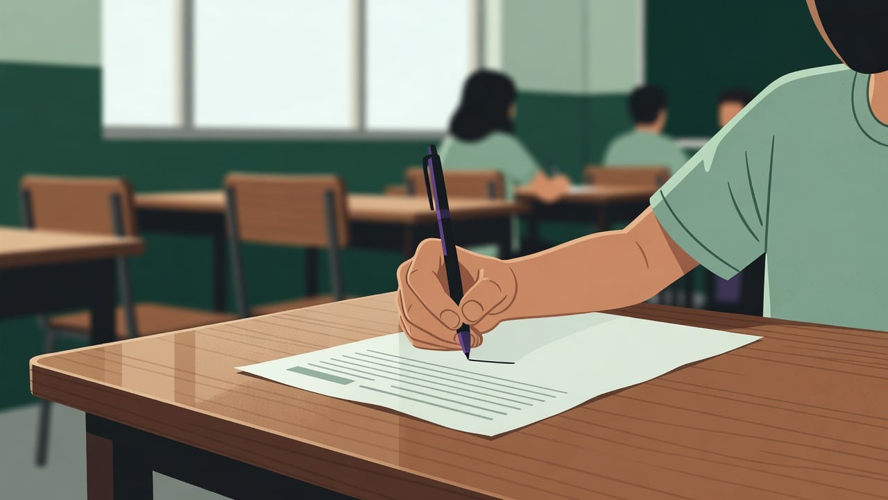 Ilustração do Bairrista sobre: Close-up of a young student's hand writing with a black pen on an official exam answer sheet at a wooden desk in a bright Brazilian classroo