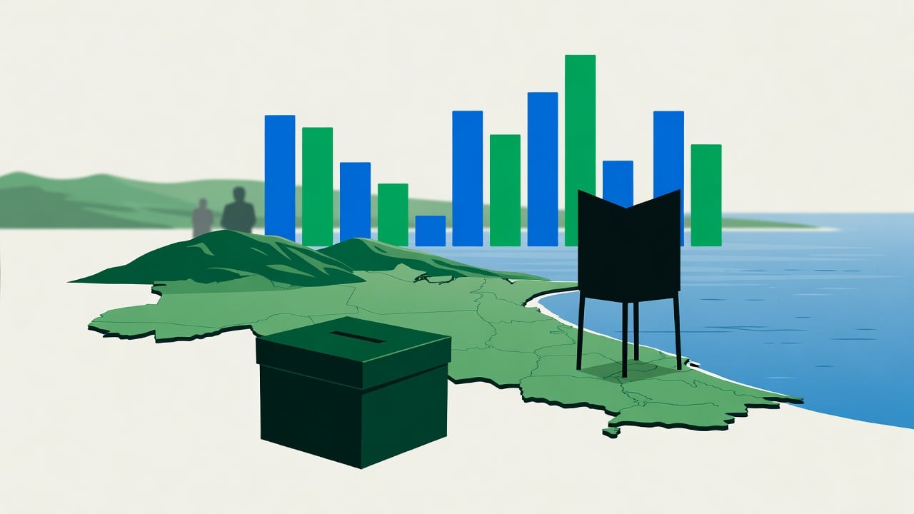 Ilustração do Bairrista sobre: Symbolic, non-literal editorial illustration (no reenactment of the event, no people): Symbolic election scene for a regional runoff: a simp