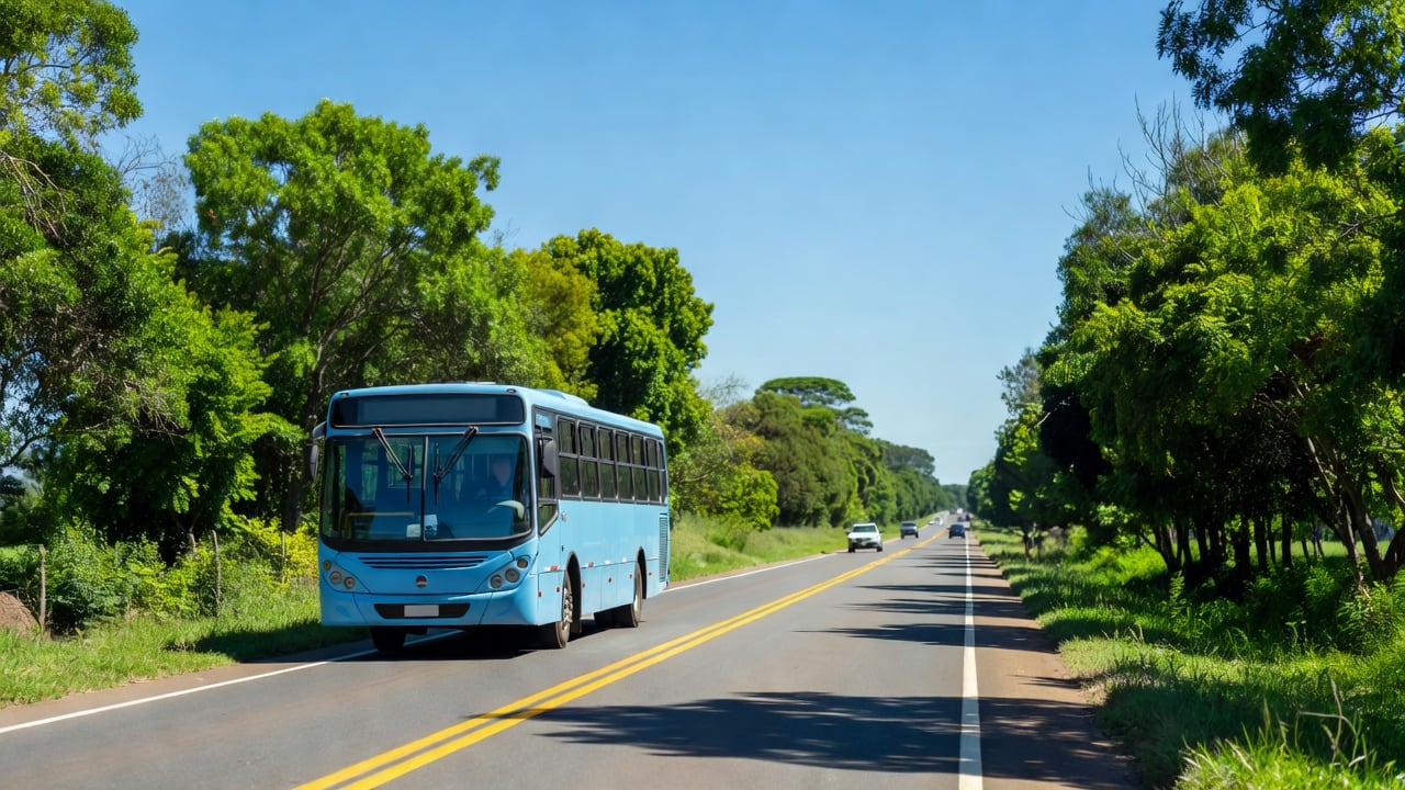 Ilustração do Bairrista sobre: A light blue city bus travelling along a tree-lined rural road on a bright, clear summer day, with lush green foliage, a yellow double cente