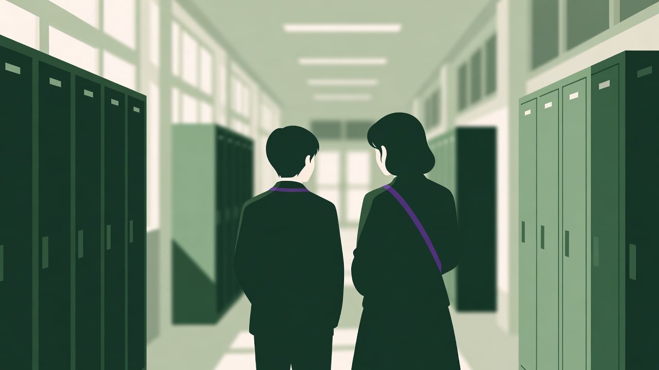 Ilustração do Bairrista sobre: Soft-focus view of a quiet school corridor with lockers and natural light from tall windows, a teenager in a school uniform seen from behind