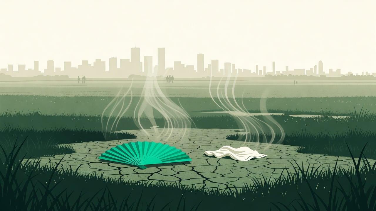 Ilustração do Bairrista sobre: Symbolic, non-literal editorial illustration (no reenactment of the event, no people): Sun-scorched golden grassland stretching toward a haz