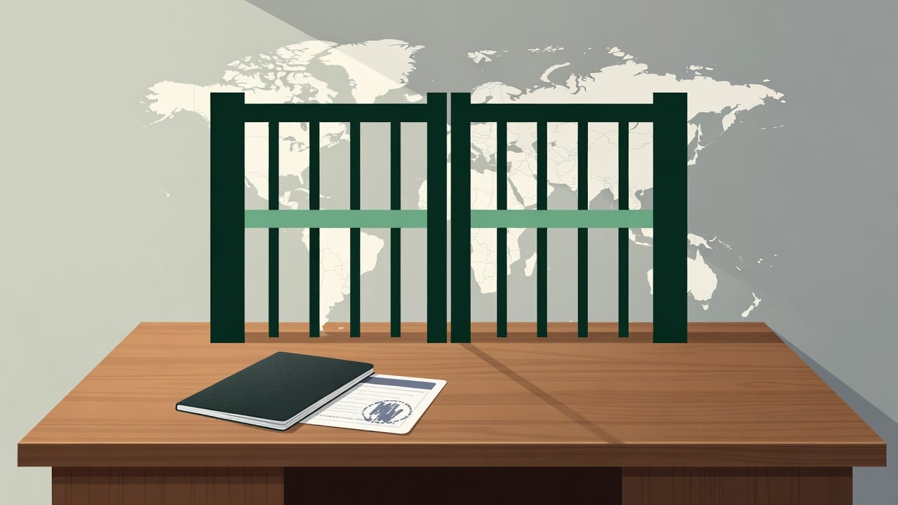 Ilustração do Bairrista sobre: Symbolic, non-literal editorial illustration (no reenactment of the event, no people): A symbolic composition of a closed border gate in fro