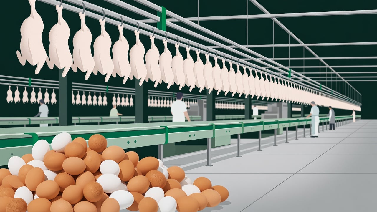 Ilustração do Bairrista sobre: Modern poultry processing plant interior with stainless steel overhead rails carrying pale, plucked chicken carcasses, alongside a heap of b