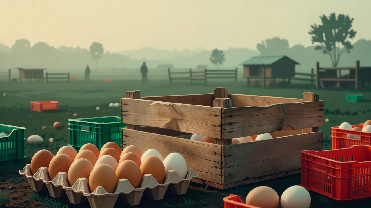 Ilustração do Bairrista sobre: Symbolic, non-literal editorial illustration (no reenactment of the event, no people): Brown and white eggs in a cardboard tray beside a shi