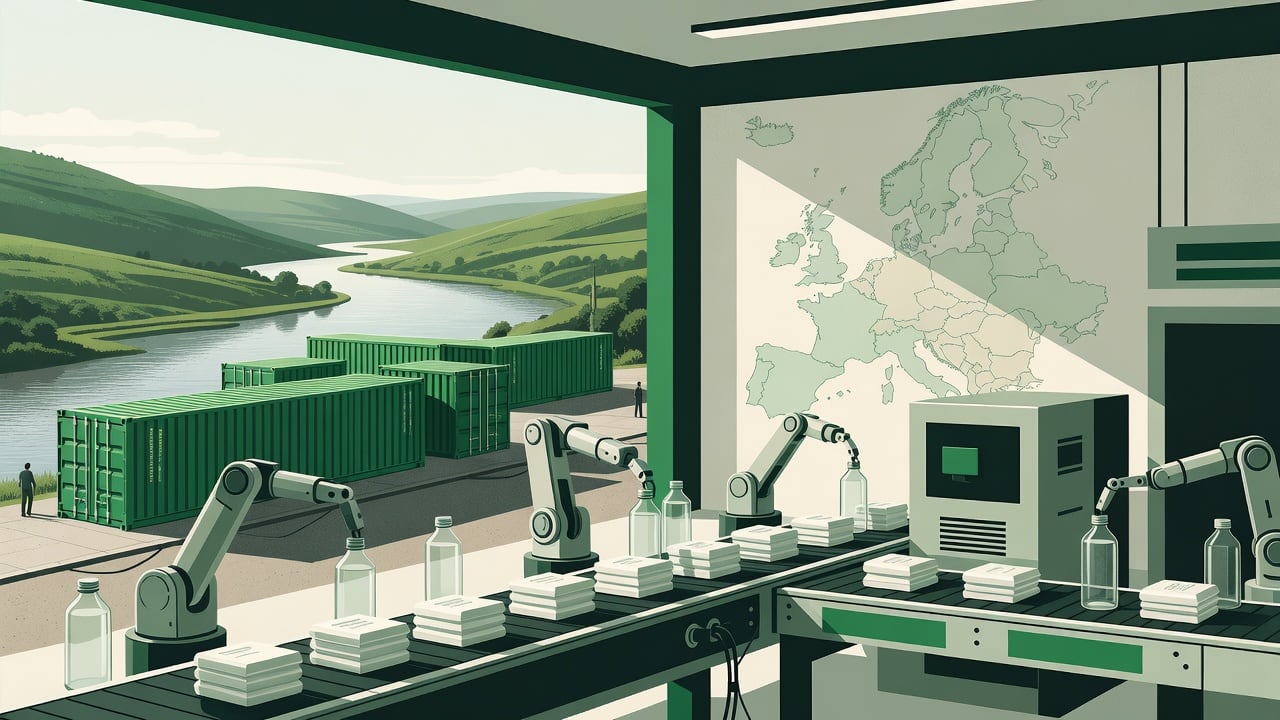 Imagem: Bairrista/IA. Ilustração sobre: Symbolic, non-literal editorial illustration (no reenactment of the event, no people): A bright, modern small factory production line fillin
