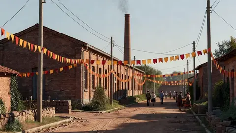 Antiga fábrica têxtil de tijolos aparentes, com chaminé alta, ao lado de uma rua sem pavimentação e muretas de jardim.