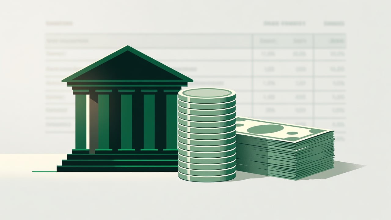 Ilustração do Bairrista sobre: Symbolic, non-literal editorial illustration (no reenactment of the event, no people): A stylized bank building facade beside a towering sta