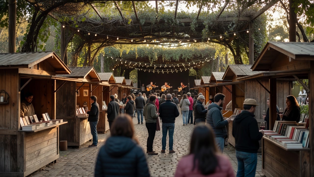 Ilustração do Bairrista sobre: Wide view of an outdoor literary fair at a wine-themed plaza in southern Brazil, with wooden book stalls, string lights and tall vine-covere