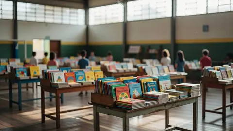Ginásio escolar municipal iluminado com fileiras de estandes de madeira e livros coloridos expostos em uma pequena cidade do