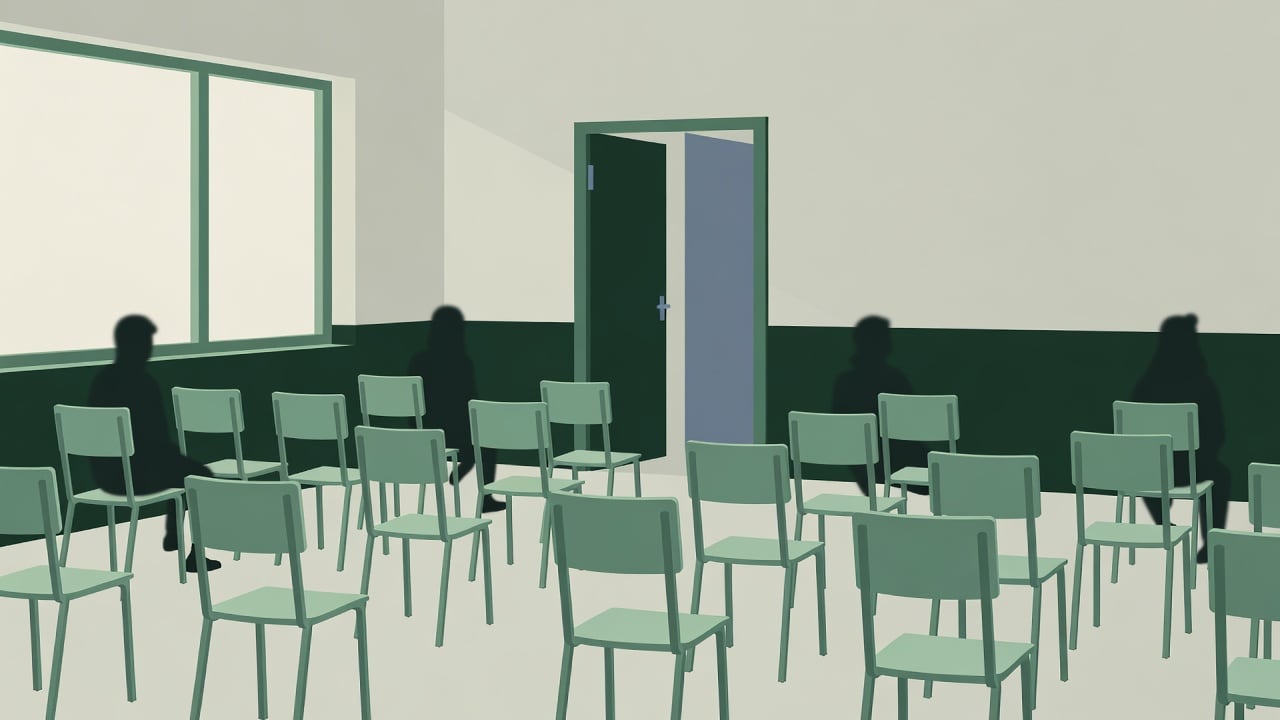 Ilustração do Bairrista sobre: Symbolic, non-literal editorial illustration (no reenactment of the event, no people): An empty school classroom with rows of chairs slightl
