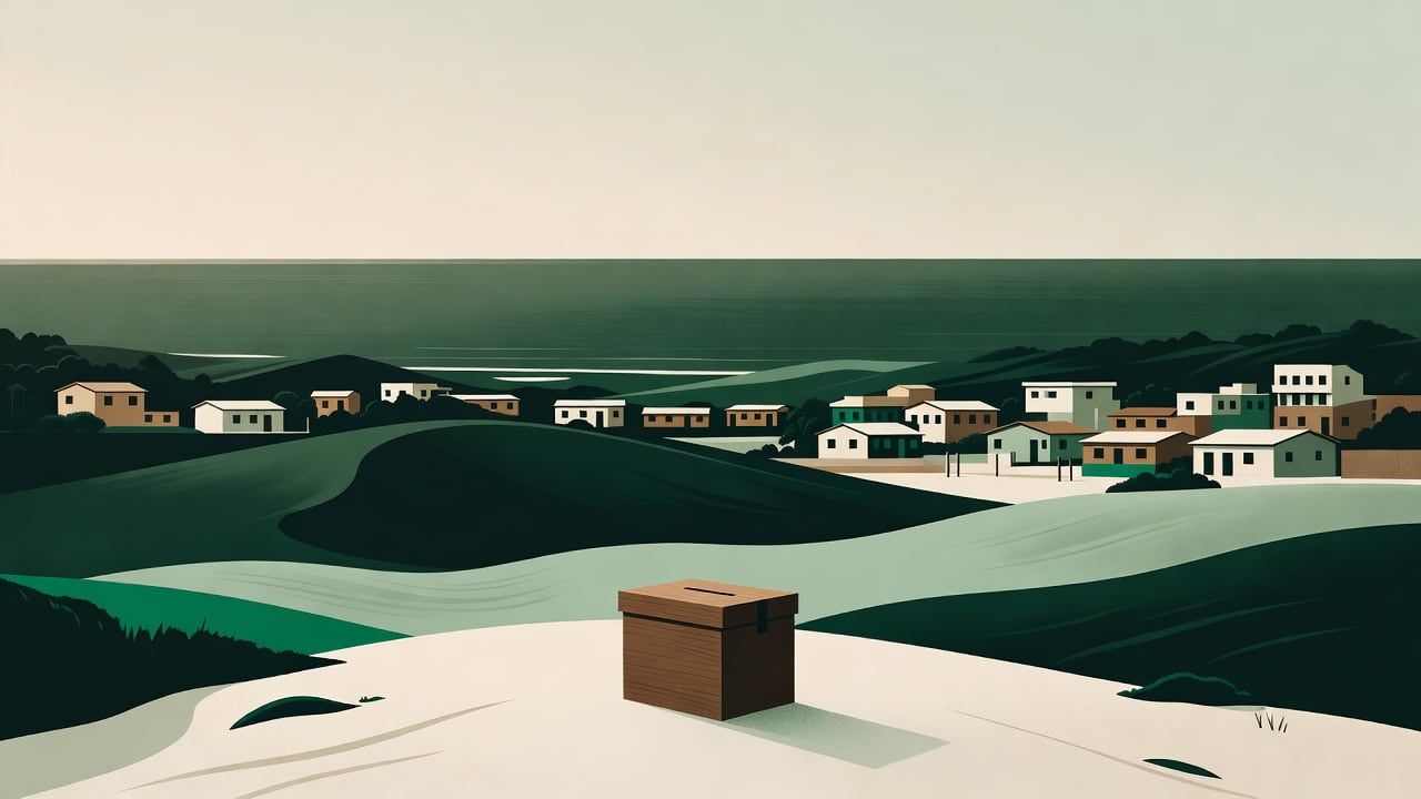 Ilustração do Bairrista sobre: Symbolic, non-literal editorial illustration (no reenactment of the event, no people): A small Brazilian coastal town at golden hour, with s